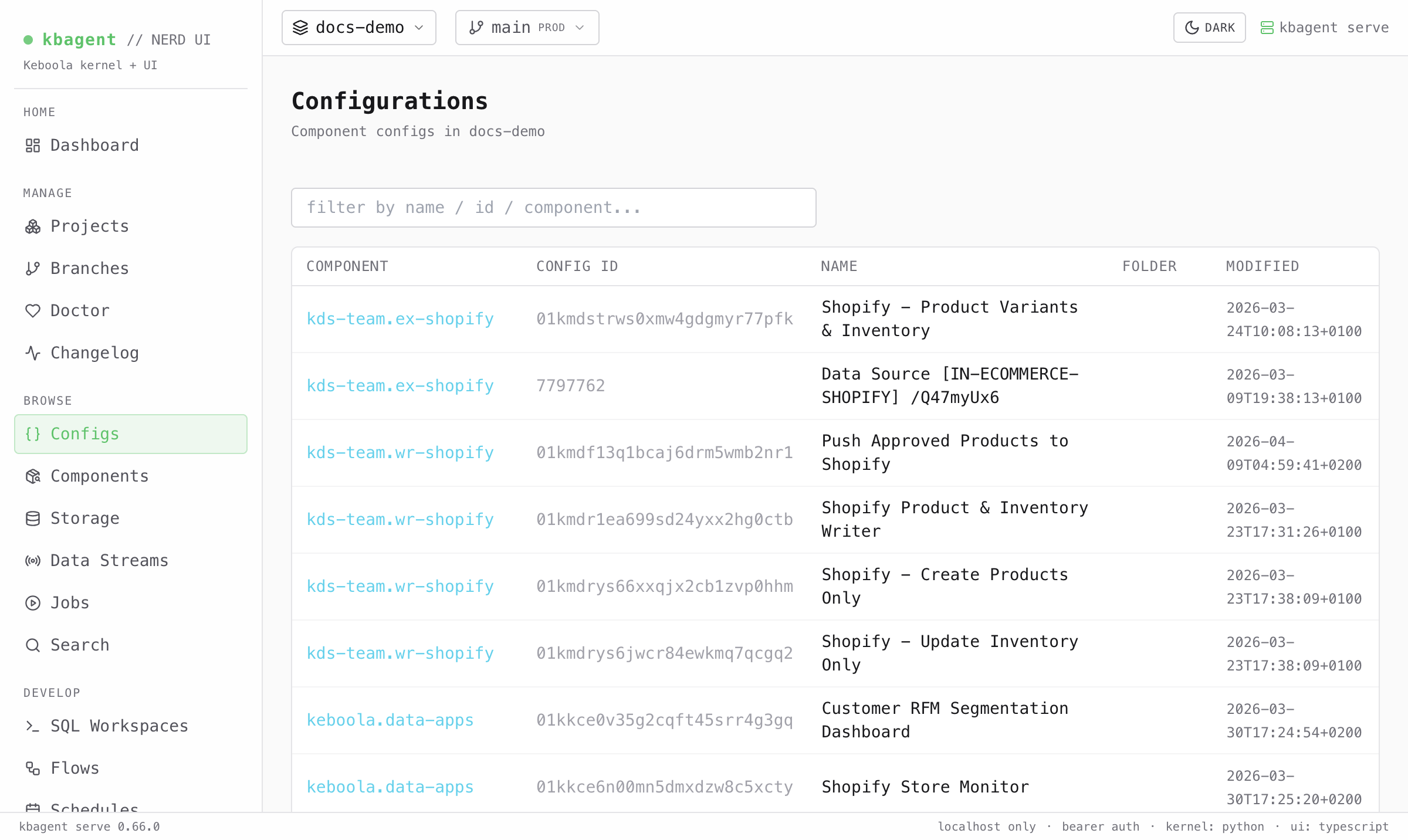 The Configurations screen: a filterable table of component configs in docs-demo with component, config ID, name, and last-modified columns