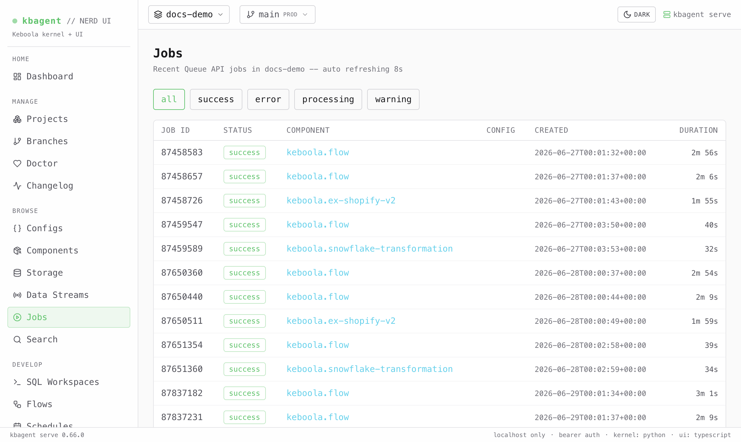 The Jobs screen: recent jobs in docs-demo with green success badges, component, created time, and duration, plus status filter buttons