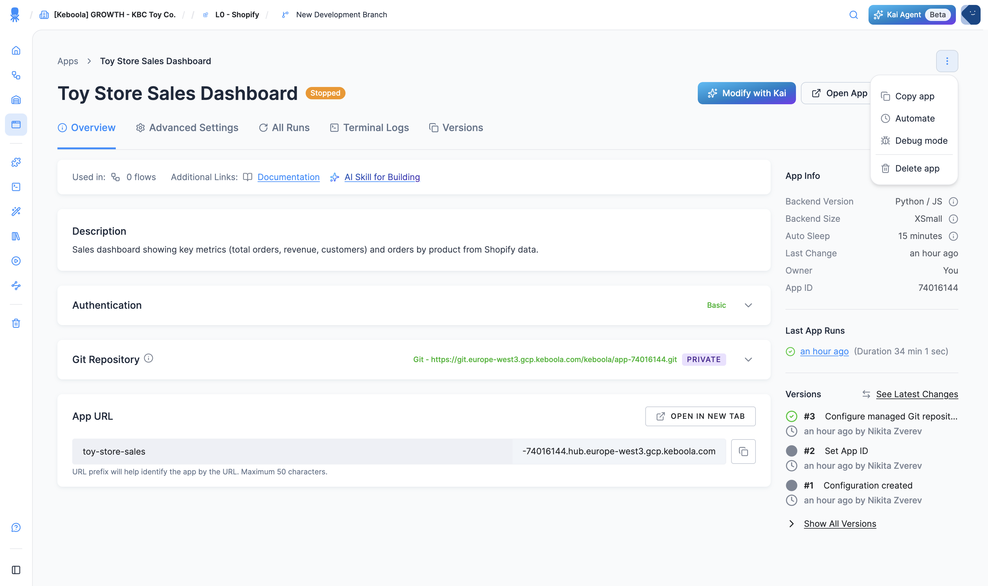 The app header with Modify with Kai / Open App / Start App and the ⋯ menu open showing Copy app, Automate, Debug mode, and Delete app