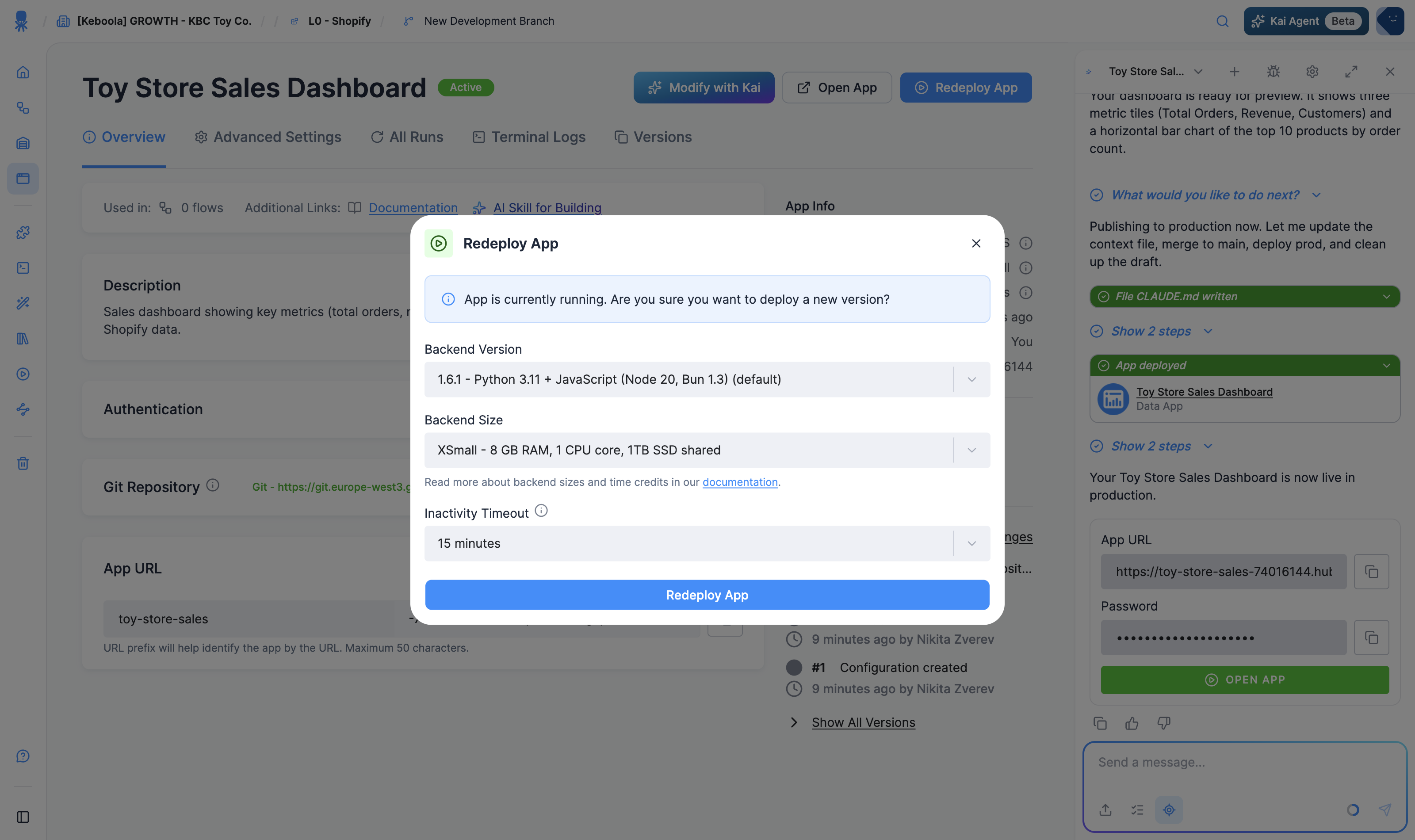 The Deploy App wizard: Backend Version (Python/JS), Backend Size, and Inactivity Timeout, with a Deploy App button