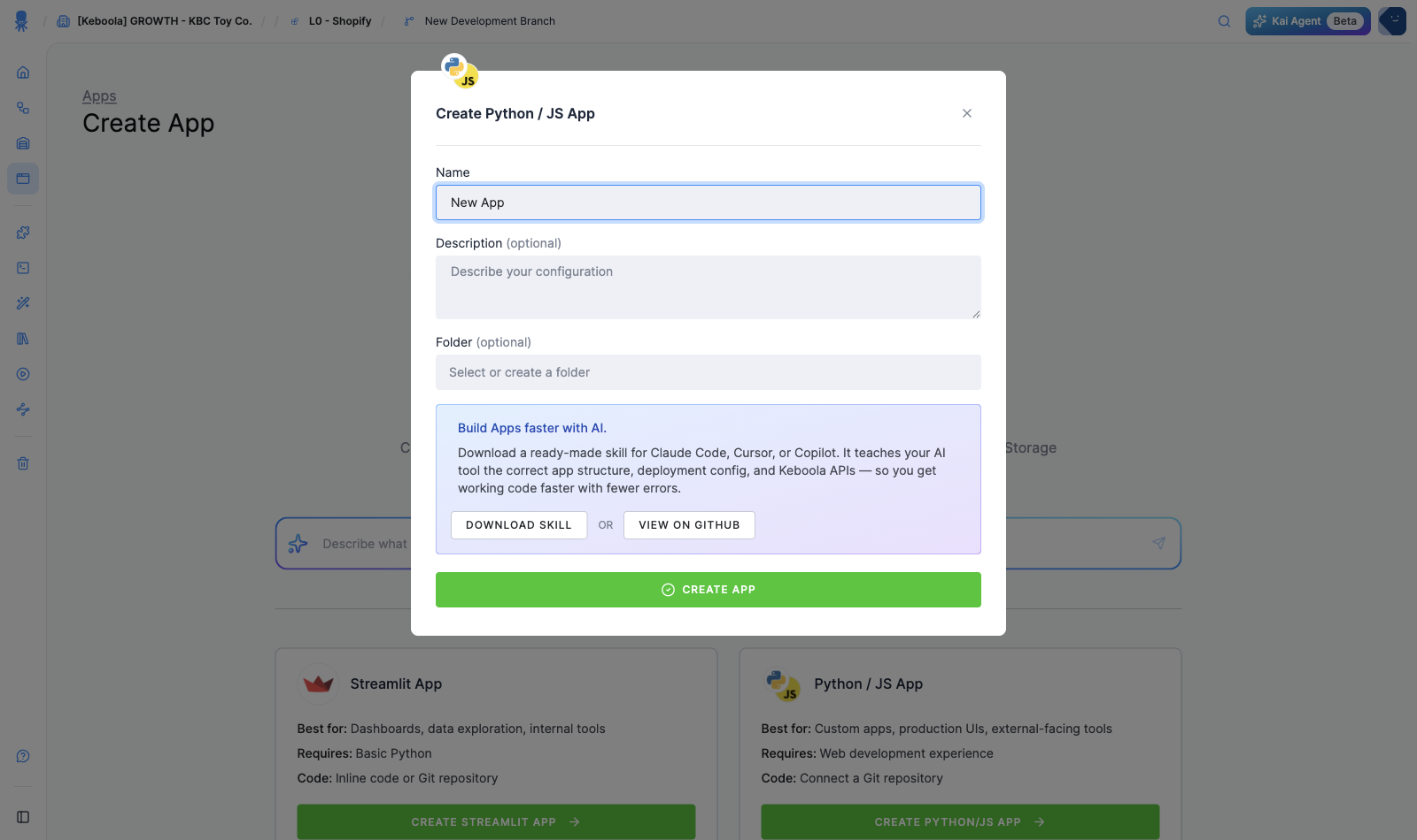The Create Python / JS App dialog, with a "Build Apps faster with AI" panel offering Download Skill and View on GitHub