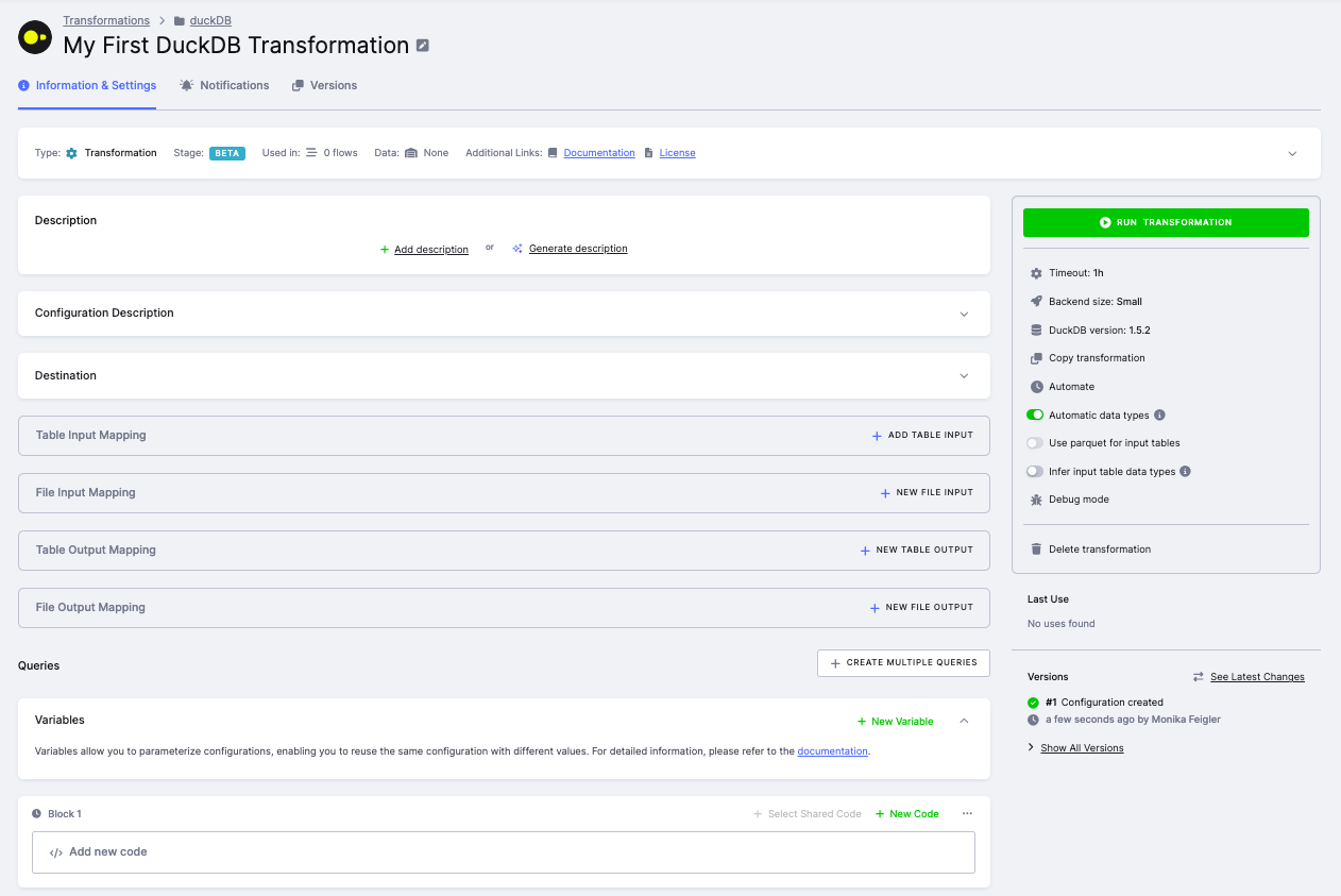 Screenshot - DuckDB Transformation Configuration